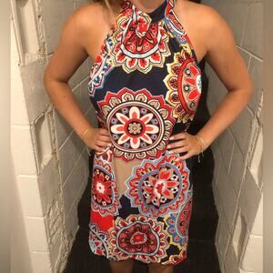 Halter Mini Dress in Navy & Red Floral Medallion